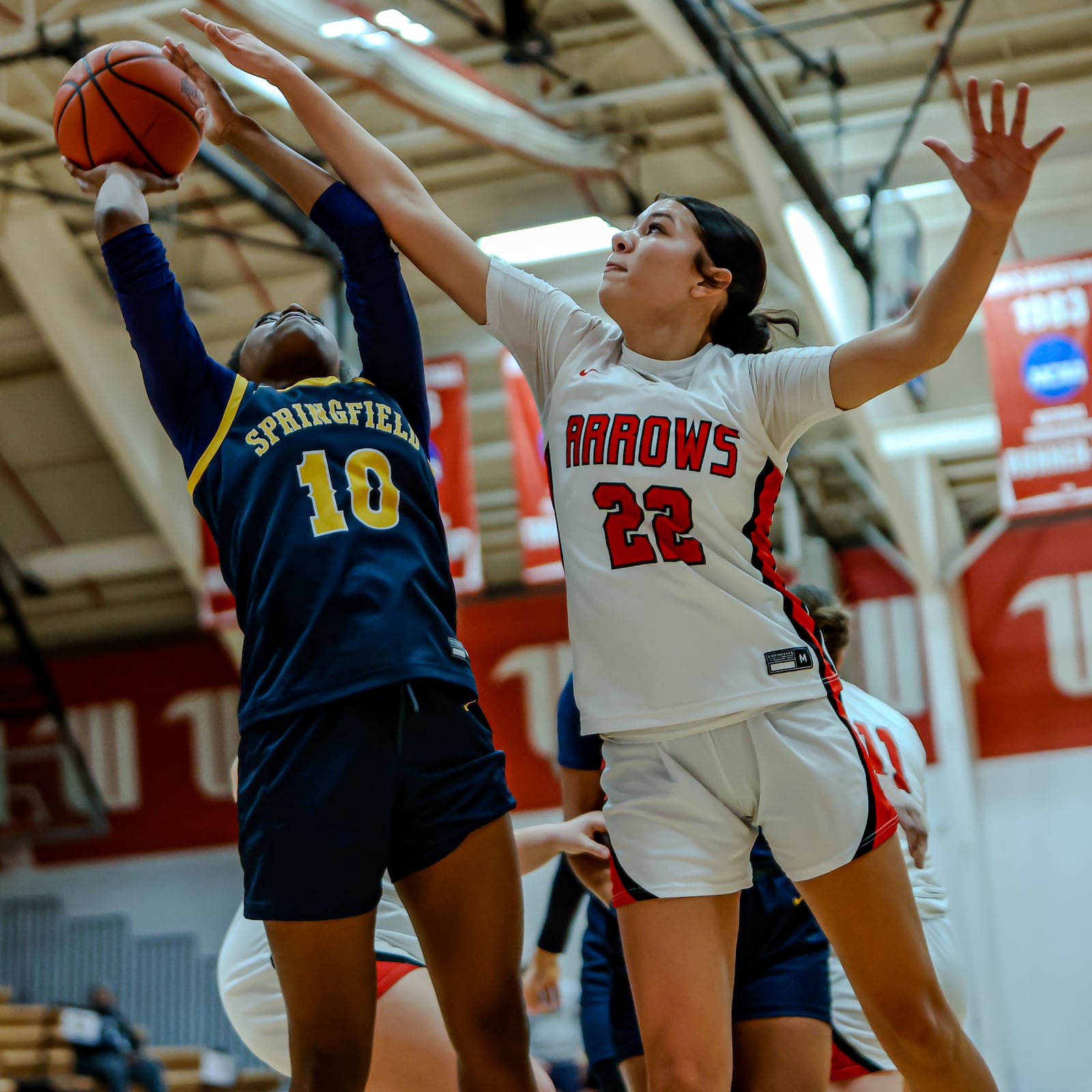 Springfield High School sophomore Ta'Riyah Dotts-Beal shoots the ball over Tecumseh freshman Parker Rodriguez during their game on Tuesday night at Wittenberg University's Pam Evans Smith Arena. MICHAEL COOPER / STAFF