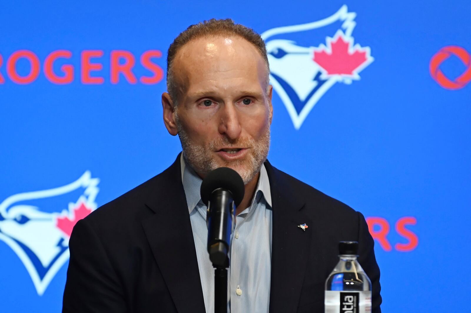 Toronto Blue Jays president and CEO Mark Shapiro participates in a press conference in Toronto on Monday April 14, 2025. (Jon Blacker/The Canadian Press via AP)