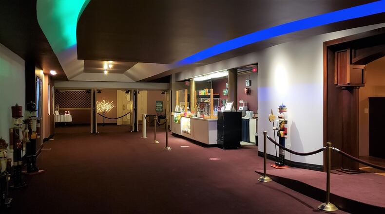 The renovated main lobby of the Gloria Theatre with colored tracks. CONTRIBUTED