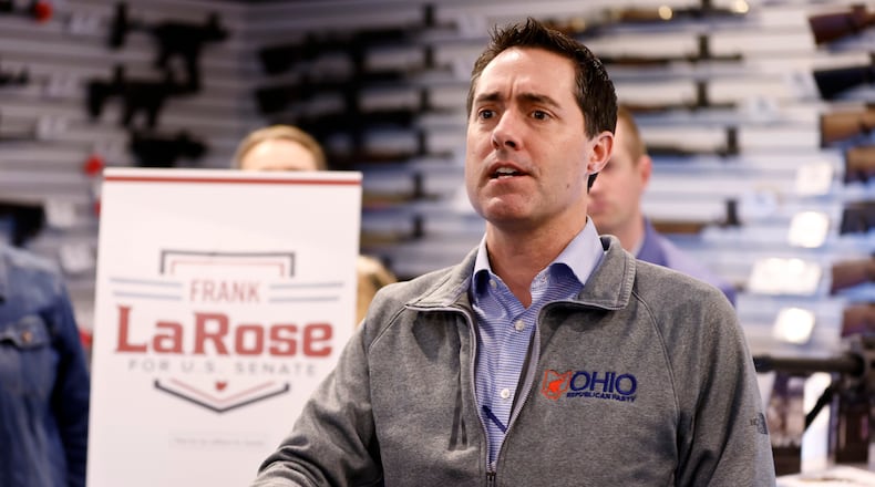 Ohio Secretary of State and Frank LaRose speaks to supporters during a campaign event in Hamilton, Ohio, Monday, March 18, 2024. (AP Photo/Paul Vernon, File)