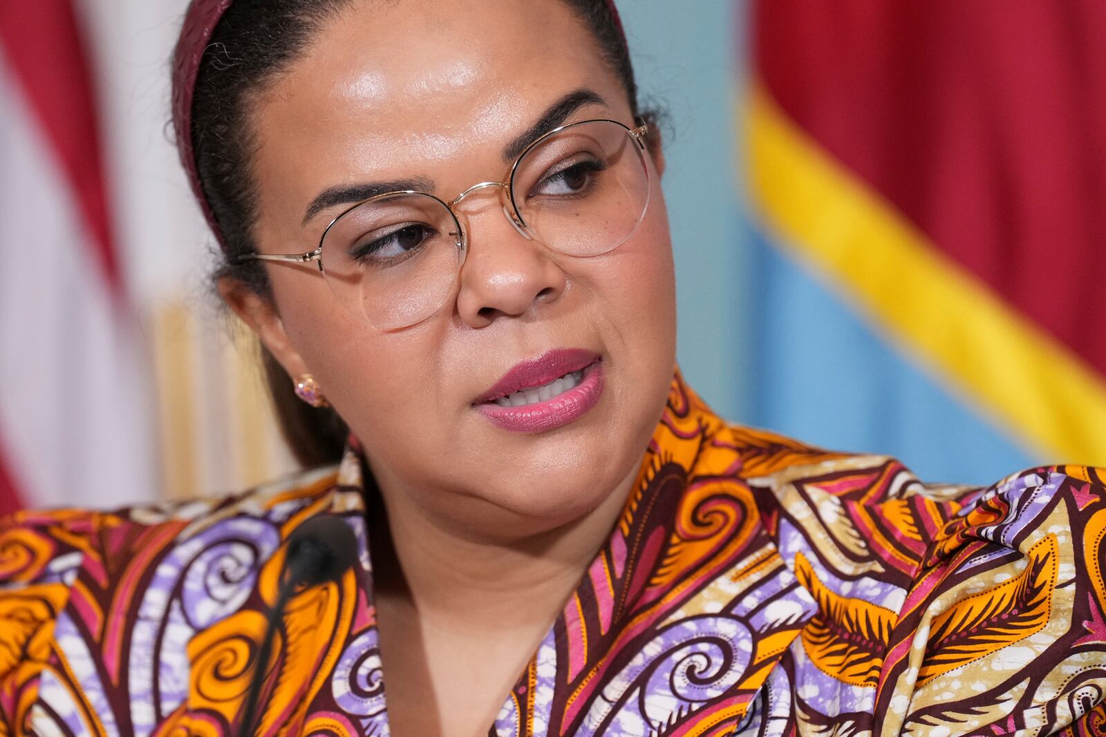 Congo's Foreign Minister Therese Kayikwamba Wagner speaks during a Declaration of Principles signing ceremony with Secretary of State Marco Rubio and Rwanda's Foreign Minister Olivier Nduhungirehe, Friday, April 25, 2025, at the State Department in Washington. (AP Photo/Jacquelyn Martin)
