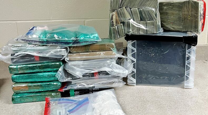 Authorities seized 10 kilograms of fentanyl, two kilograms of cocaine, one kilogram of heroin, 336 grams of methamphetamine, four pounds of marijuana and about $150,000 in cash as part of a narcotics investigation. Photo courtesy the Miami Valley Bulk Smuggling Task Force.