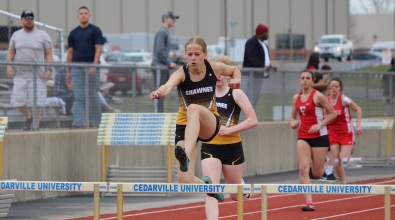 Shawnee’s Jace Mitchem won the 300-meter hurdles and the long jump, while also finishing third in the 100 hurdles at Cedarville’s Impson Invitational. Mitchem, a standout pole vaulter, took up the hurdles after injuring her wrist. Greg Billing / Contributed