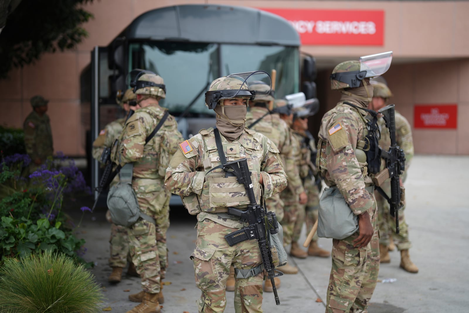 U.S. National Guard are deployed around downtown Los Angeles, Sunday, June 8, 2025, following an immigration raid protest the night before. (AP Photo/Eric Thayer)