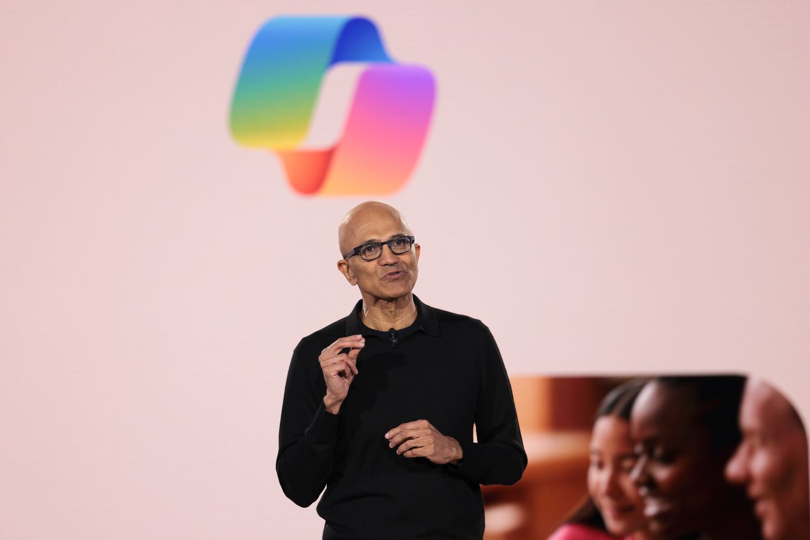 Microsoft Chairman and CEO Satya Nadella speaks during a presentation of the company's AI assistant, Copilot, ahead of a 50th Anniversary presentation at Microsoft headquarters, Thursday, April 3, 2025, in Redmond, Wash. (AP Photo/Jason Redmond)