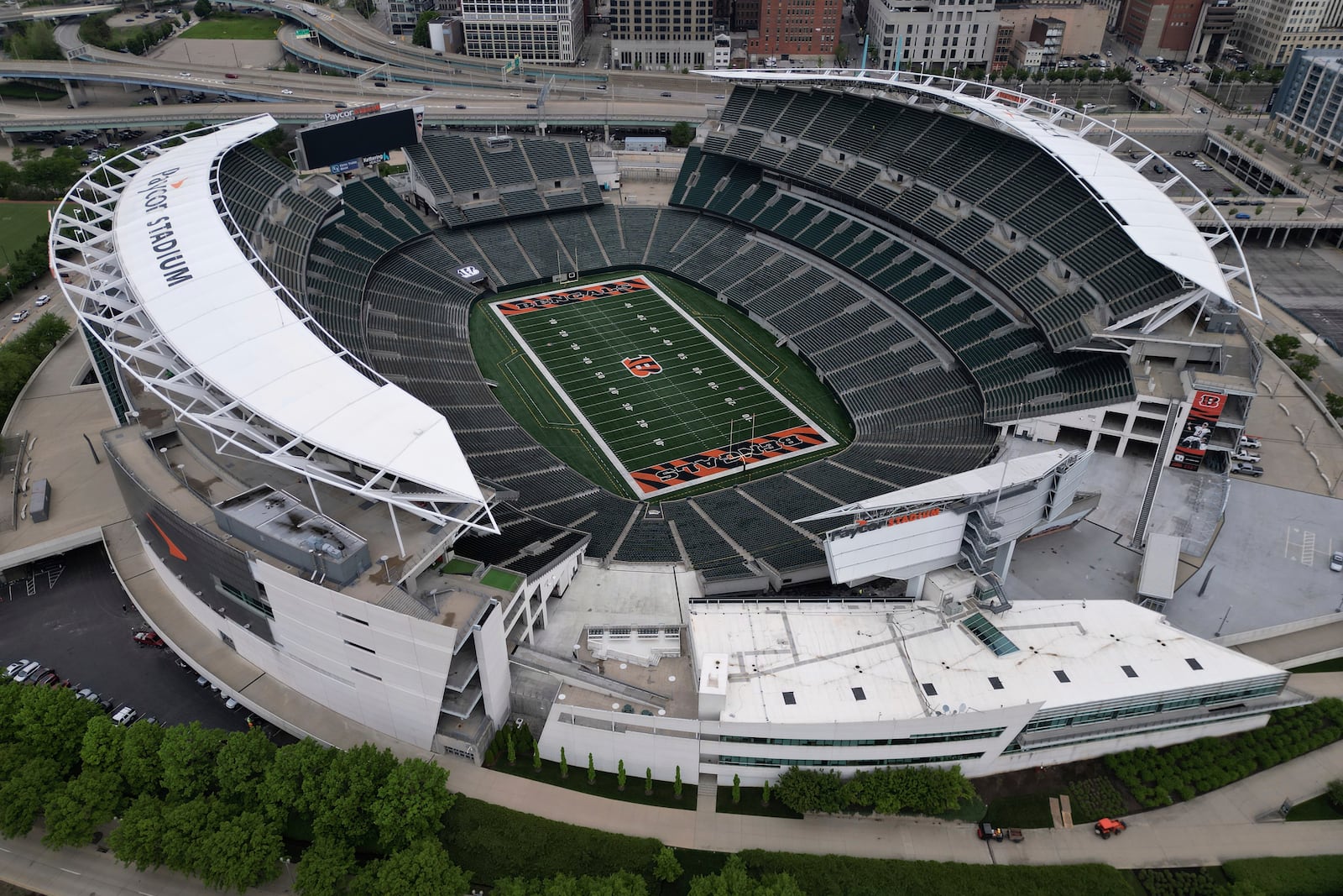 Paycor Stadium, home of the Cincinnati Bengals, is seen before NFL football practice on Tuesday, May 6, 2025, in Cincinnati. (AP Photo/Carolyn Kaster)