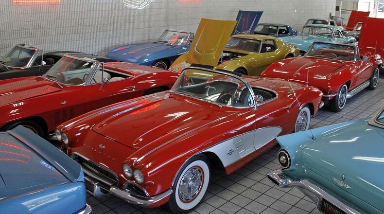 A 1961 Corvette sits in the foreground of Mershon’s World of Cars in Springfield. 2018 photograph by Skip Peterson