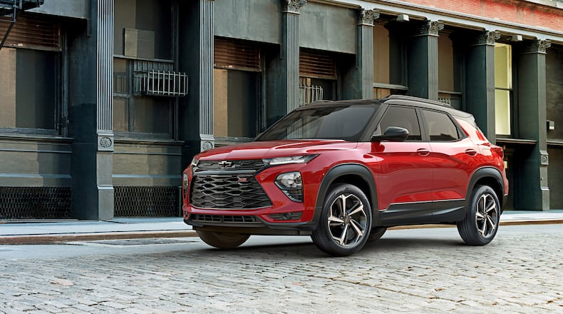 This photo provided by Chevrolet shows the 2022 Chevrolet Trailblazer RS, a small crossover that competes in a crowded field of extra-small SUVs. It's one of the best compacts around and offers lots of features and a spacious cabin. (Courtesy of General Motors via AP).