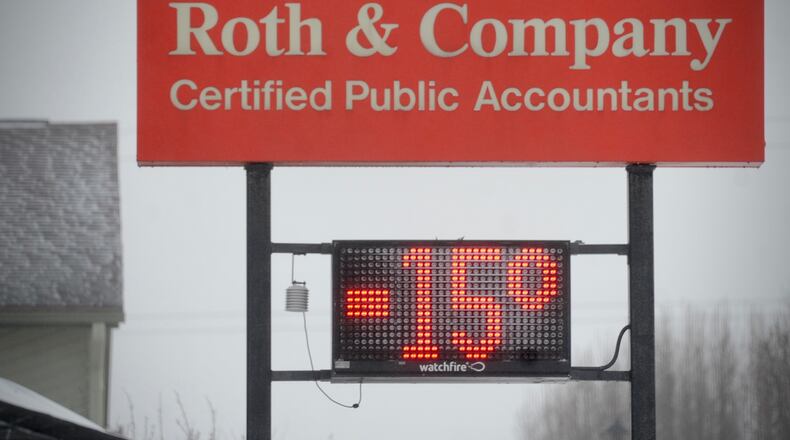According to this business sign, it was -15° in Englewood on Friday, Dec. 23, 2022. Officially, the National Weather Service recorded a record low temperature for the date at the Dayton International Airport with -9°. MARSHALL GORBY \STAFF