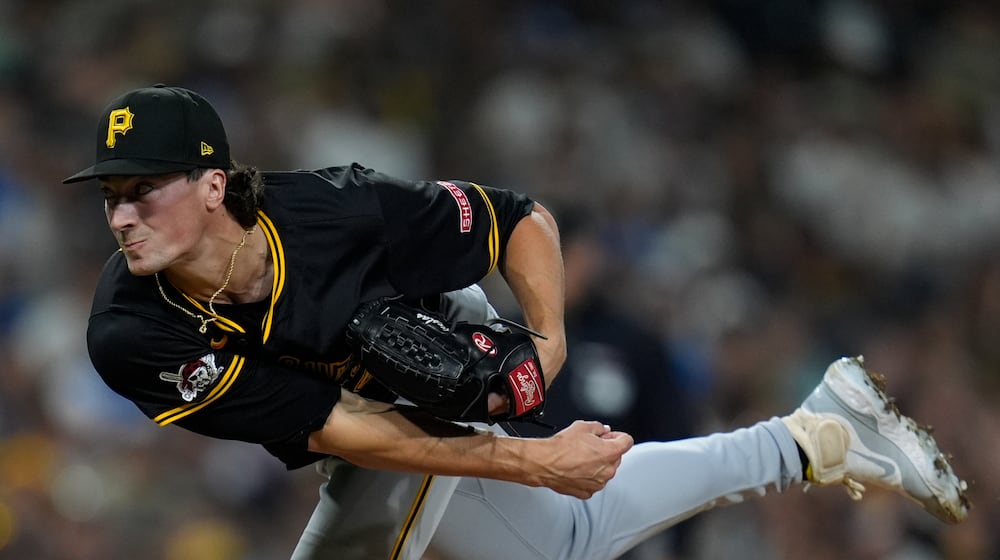 Pittsburgh Pirates relief pitcher Kyle Nicolas works against a San Diego Padres batter during the eighth inning of a baseball game Tuesday, Aug. 13, 2024, in San Diego. (AP Photo/Gregory Bull)