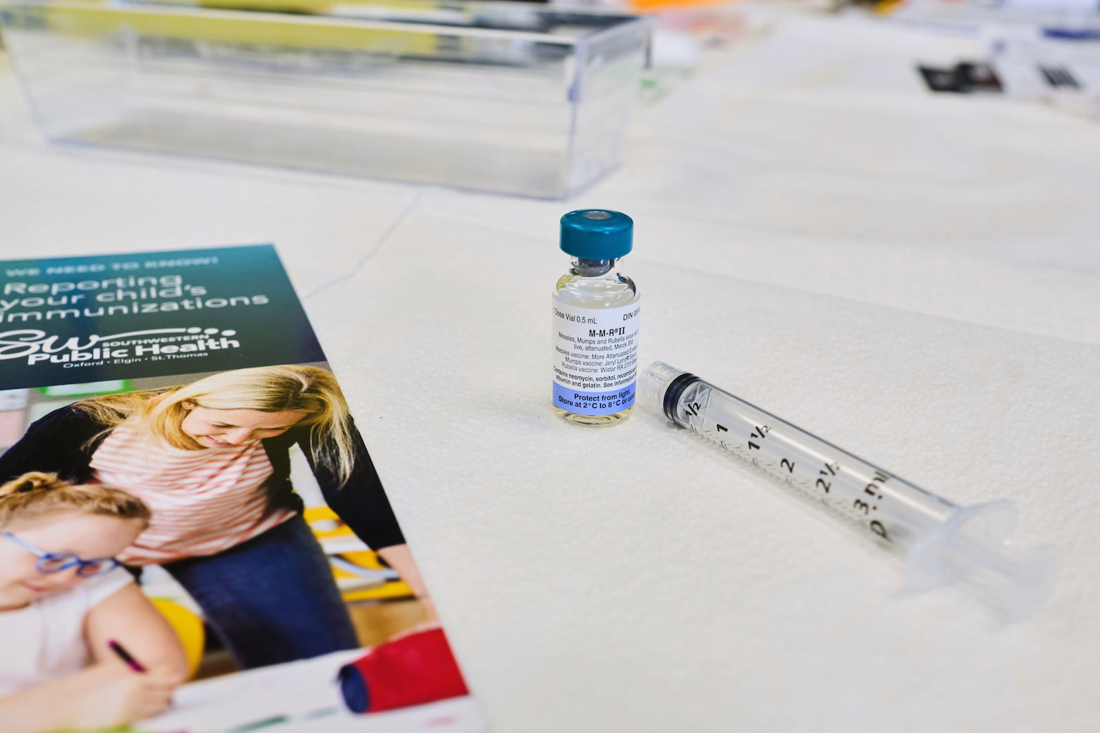 A dose of the measles, mumps, and rubella (MMR) vaccination awaits the next patient during a vaccine clinic at Southwestern Public Health in St. Thomas, Ontario, Canada, on Tuesday, March 4, 2025. (Geoff Robins/The Canadian Press via AP)