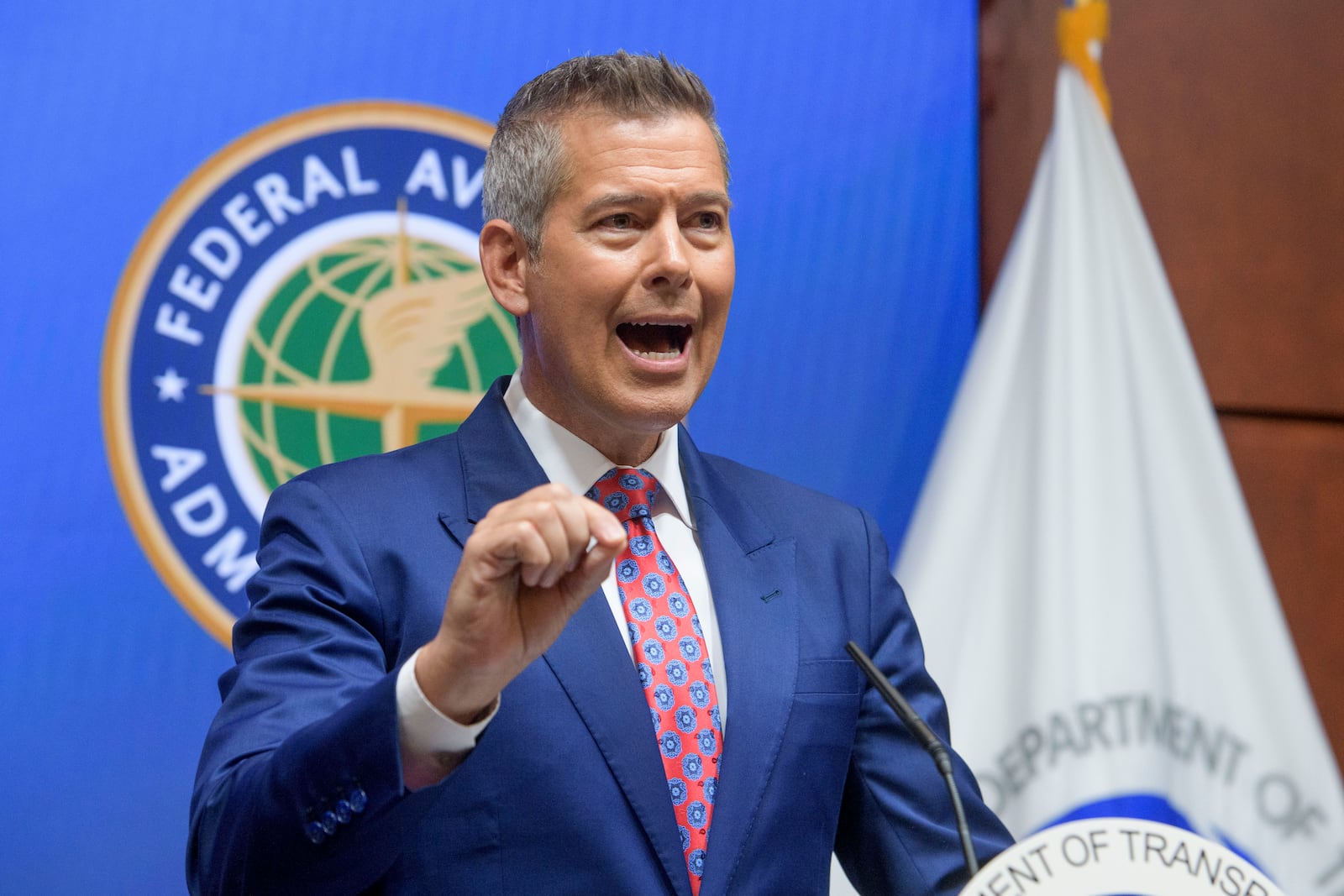 Secretary of Transportation Sean Duffy speaks during a news conference to provide a status update on Newark Liberty International Airport at the Department of Transportation in Washington, Wednesday, May 28, 2025. (AP Photo/Rod Lamkey, Jr.)