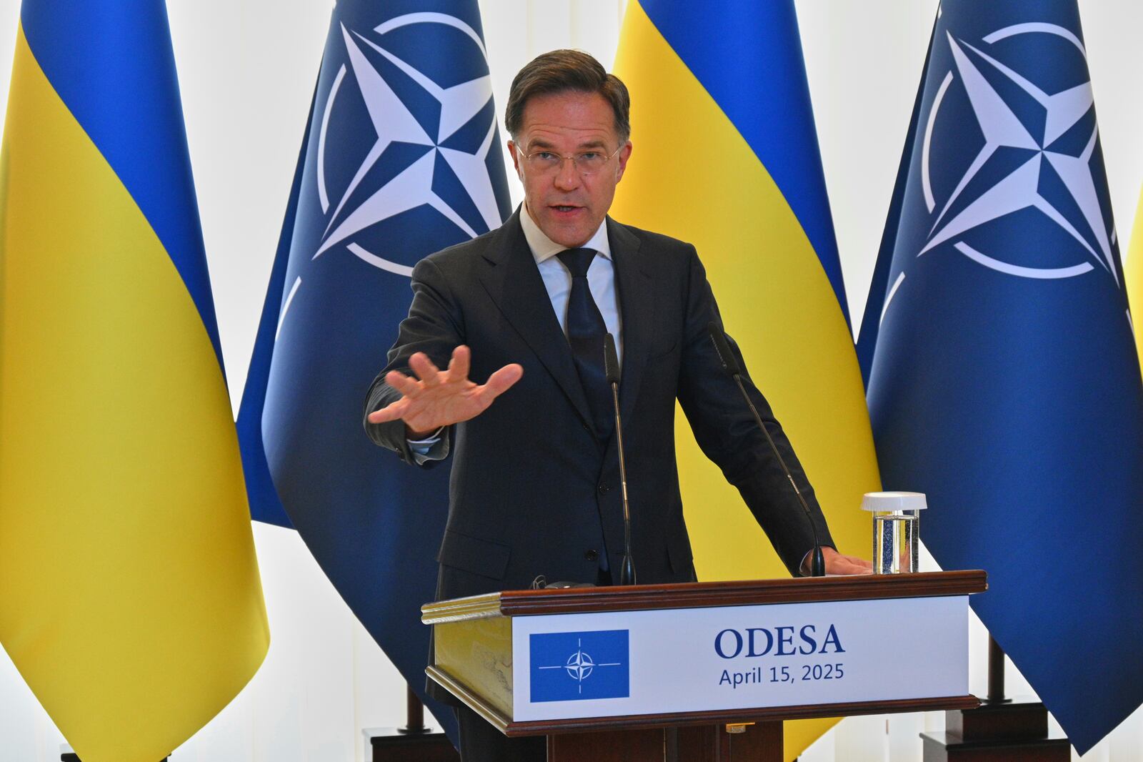 NATO Secretary General Mark Rutte answers media questions during his joint press conference with Ukraine's President Volodymyr Zelenskyy in Odesa, Ukraine, Tuesday, April 15, 2025. (AP Photo/Michael Shtekel)
