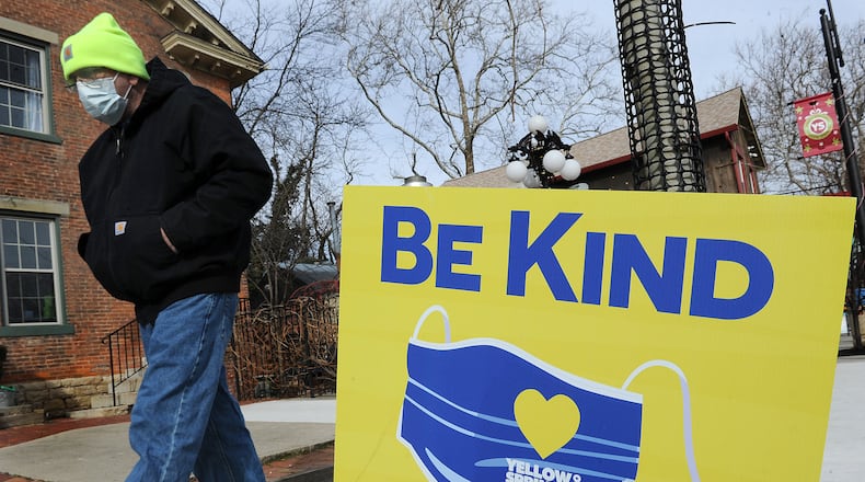 In the village of Yellow Springs masks are mandated in the indoors central business district and outdoors on public property downtown. It is one of the few local jurisdictions to mandate masks. MARSHALL GORBY\STAFF