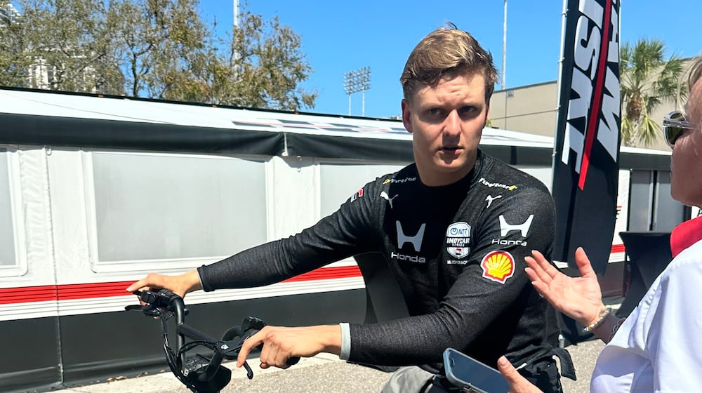 Mick Schumacher is pictured at the IndyCar race Sunday, March 1, 2026, in St. Petersburg, Fla., after he was involved in a crash on the first lap of the season-opening race. (AP Photo/Jenna Fryer)