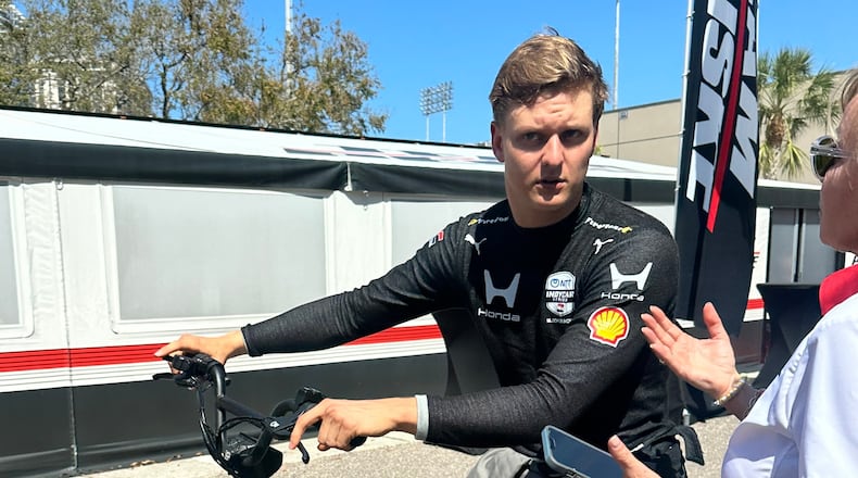 Mick Schumacher is pictured at the IndyCar race Sunday, March 1, 2026, in St. Petersburg, Fla., after he was involved in a crash on the first lap of the season-opening race. (AP Photo/Jenna Fryer)