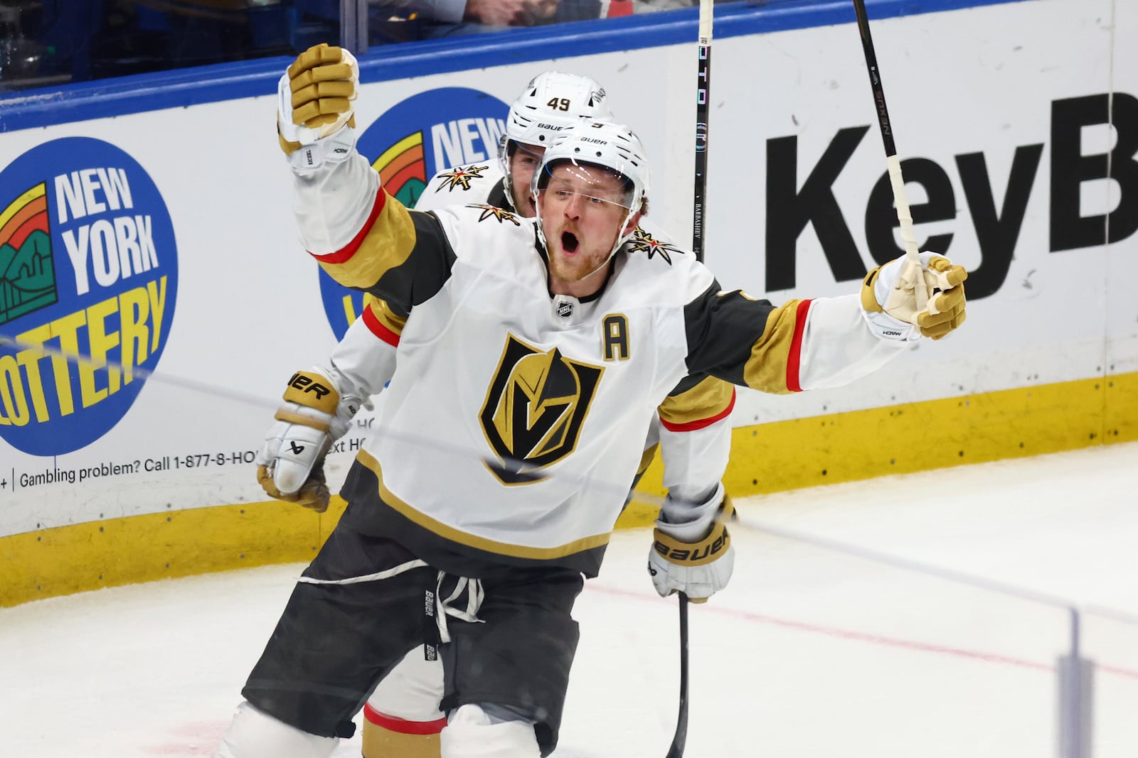 File- Vegas Golden Knights center Jack Eichel (9) celebrates his goal during the third period of an NHL hockey game against the Buffalo Sabres, March 15, 2025, in Buffalo, N.Y. (AP Photo/Jeffrey T. Barnes, File)