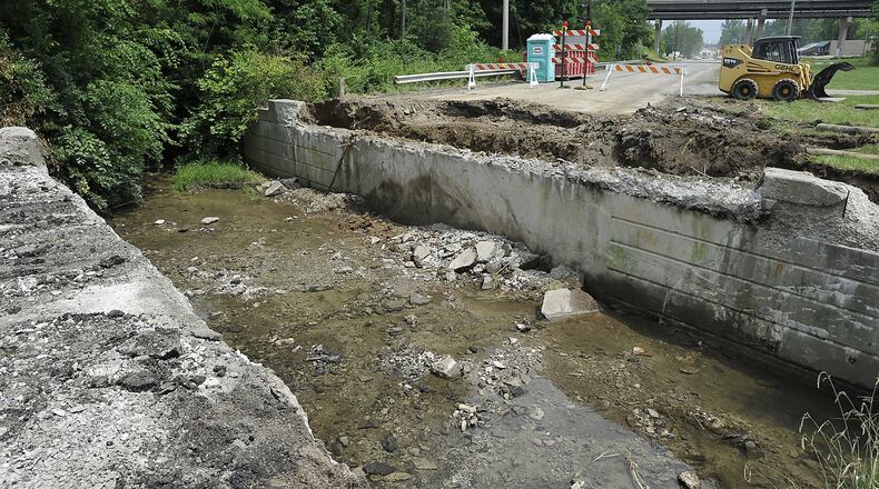 Vehicle registrations provide a large chunk of funding for the Clark County Engineer’s Office. As registrations drop, so does the money available for road construction projects like this bridge replacement on Springfield-Xenia Road on Wednesday. Bill Lackey/Staff