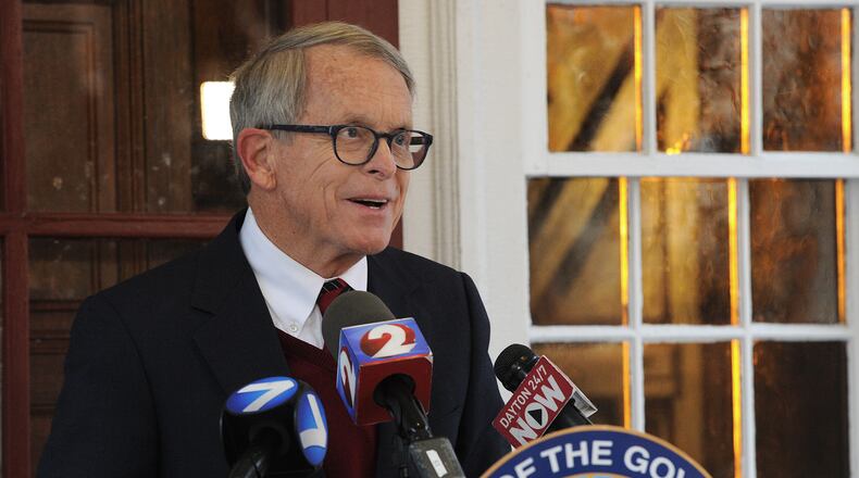 Ohio Gov. Mike DeWine gives a news conference from his home early Wednesday morning, Nov. 18, in Greene County. MARSHALL GORBY\STAFF