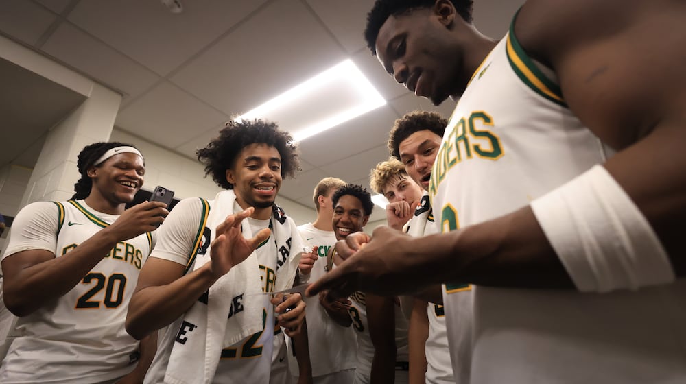 The Wright State University men's basketball team celebrates after beating Northern Kentucky University in a Horizon League semifinal game on Monday, March 9, 2026 at Corteva Coliseum in Indianapolis. HORIZON LEAGUE / CONTRIBUTED PHOTO
