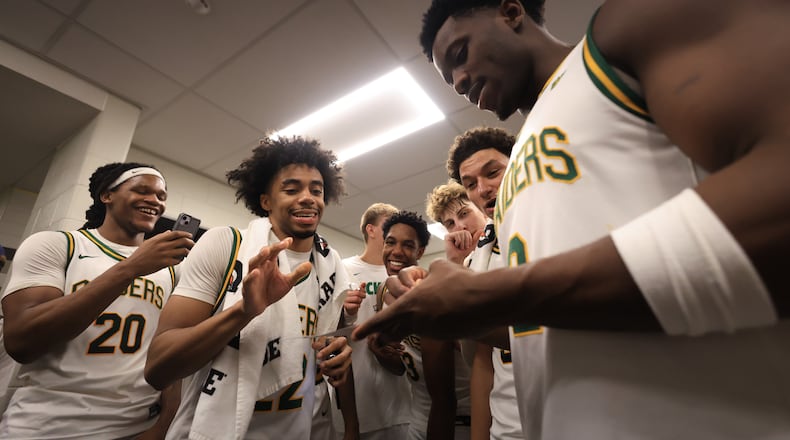 The Wright State University men's basketball team celebrates after beating Northern Kentucky University in a Horizon League semifinal game on Monday, March 9, 2026 at Corteva Coliseum in Indianapolis. HORIZON LEAGUE / CONTRIBUTED PHOTO