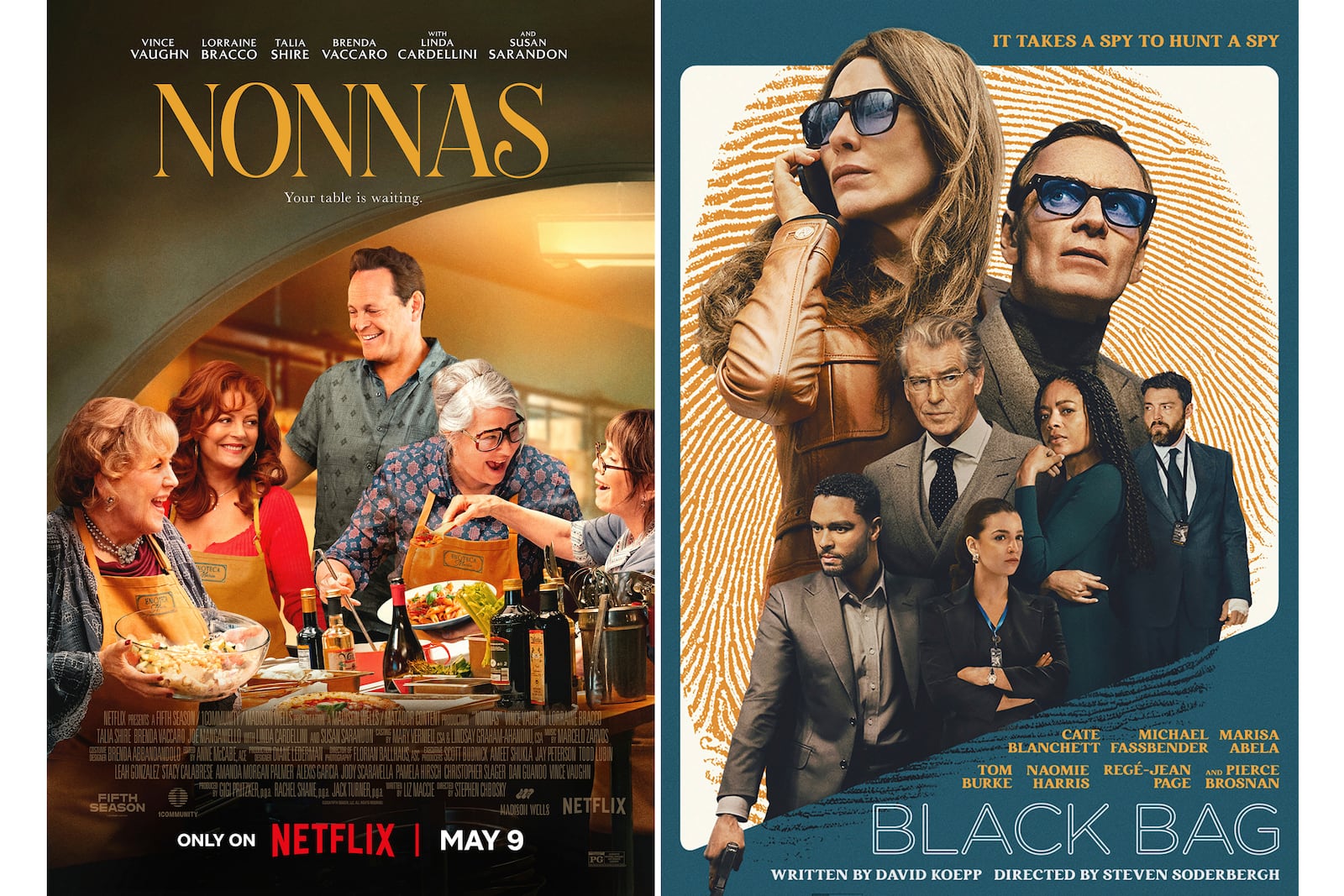 This combination of images shows promotional art for the films "Nonnas," left, and "Black Bag." (Netflix/Focus Features via AP)