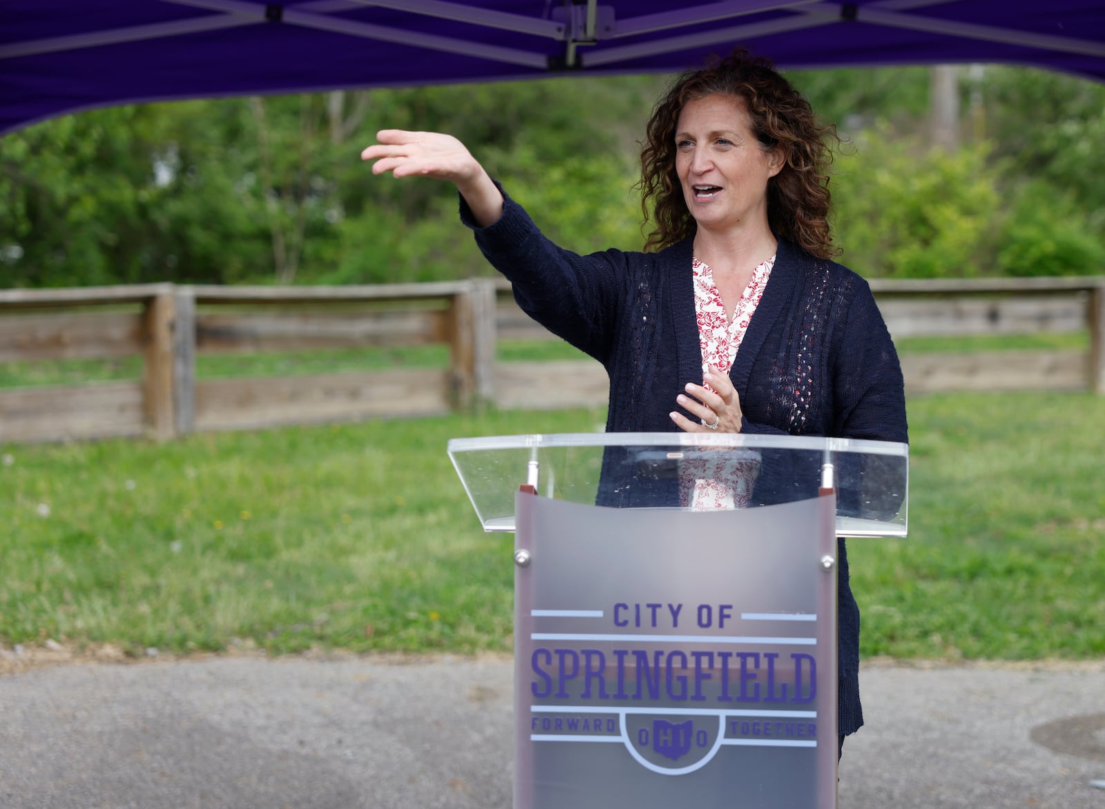 Clark County Commissioner and Clark County Land Bank Board Chair Melanie Flax-Wilt shares updates on Clark County Land Bank neighborhood projects on Tuesday, May 6, 2025, at Euclid Avenue. JOSEPH COOKE/STAFF