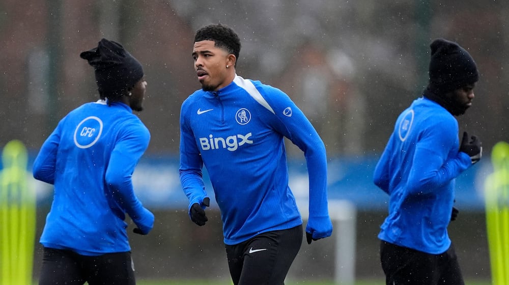 Chelsea's Wesley Fofana runs during a training session in Cobham, Surrey, England, Tuesday Jan. 27, 2026, one day ahead of their Champions League soccer match against Napoli. (Andrew Matthews/PA via AP)