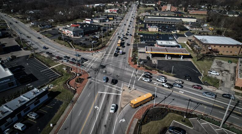 This is an aerial photograph of the intersection of Dayton Xenia Road and North Fairfield Road in Beavercreek, Ohio. JIM NOELKER/STAFF