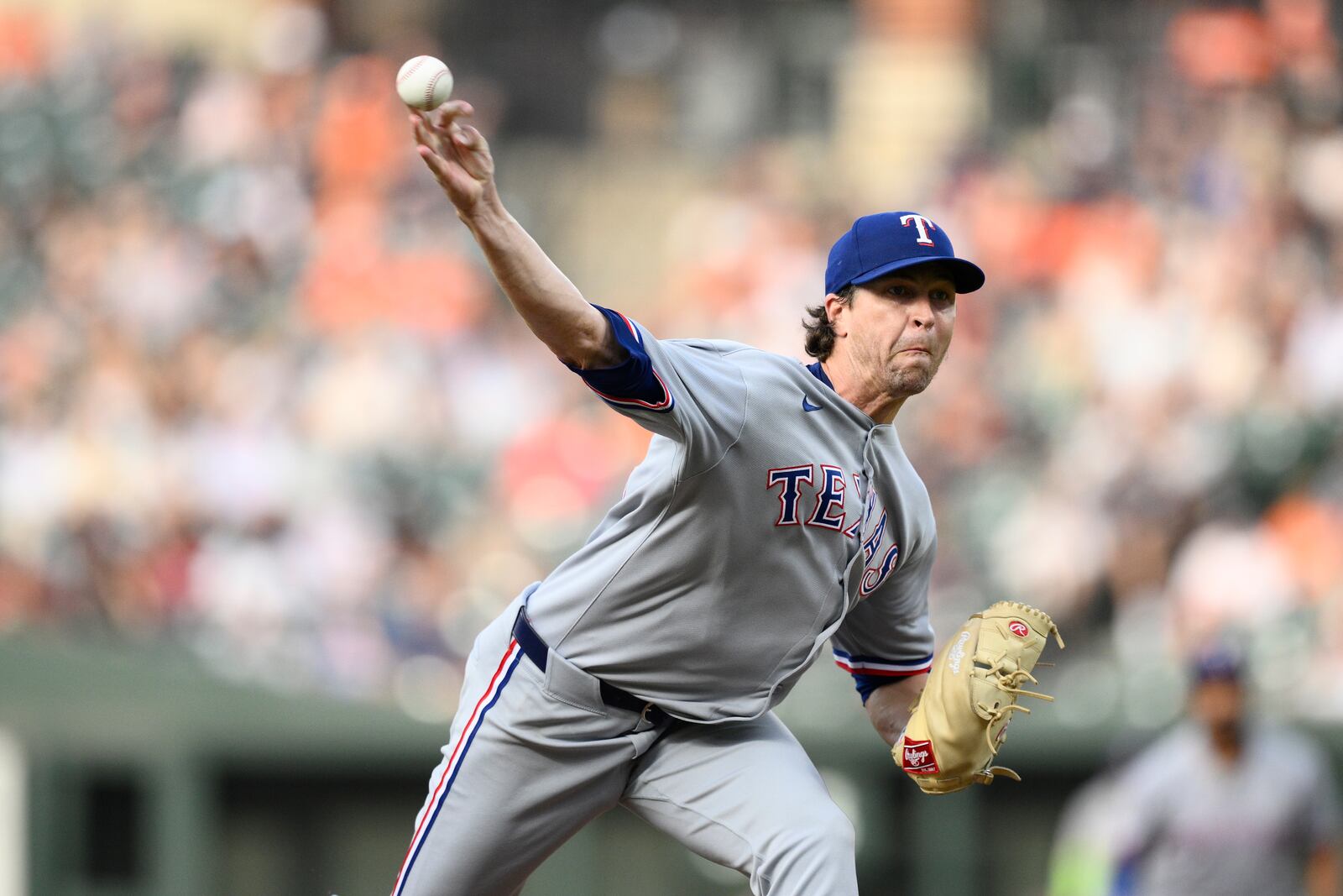 Texas Rangers starting pitcher Jacob deGrom throws during the first inning of a baseball game against the Baltimore Orioles, Wednesday, June 25, 2025, in Baltimore. (AP Photo/Nick Wass)