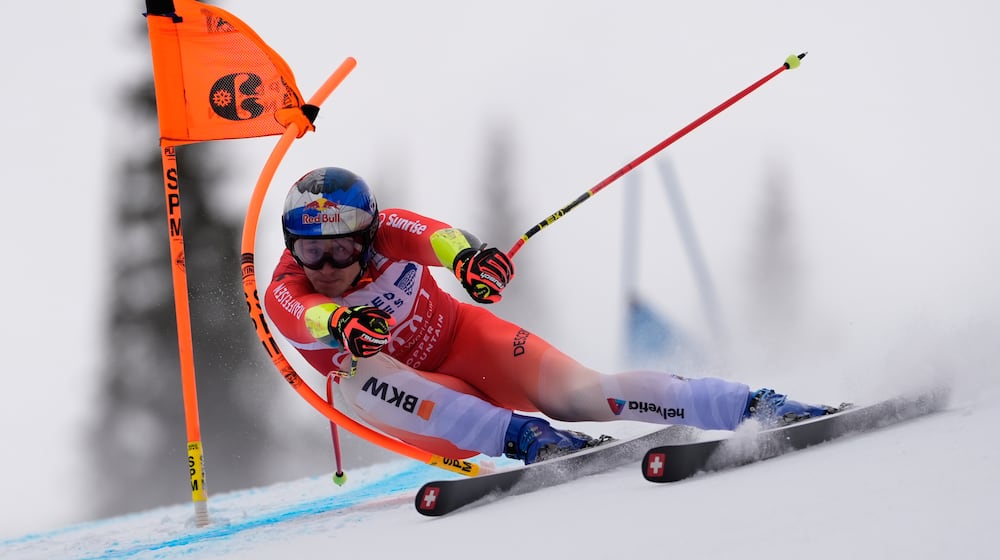 Switzerland's Marco Odermatt competes during a World Cup men's super-G skiing race, Thursday, Nov. 27, 2025, in Copper Mountain. (AP Photo/Robert F. Bukaty)