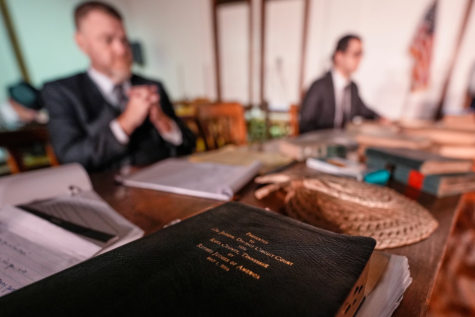 A Bible is placed on the set during a rehearsal for the play "Destiny in Dayton", July 8, 2025, in Dayton, Tenn. (AP Photo/Mike Stewart)
