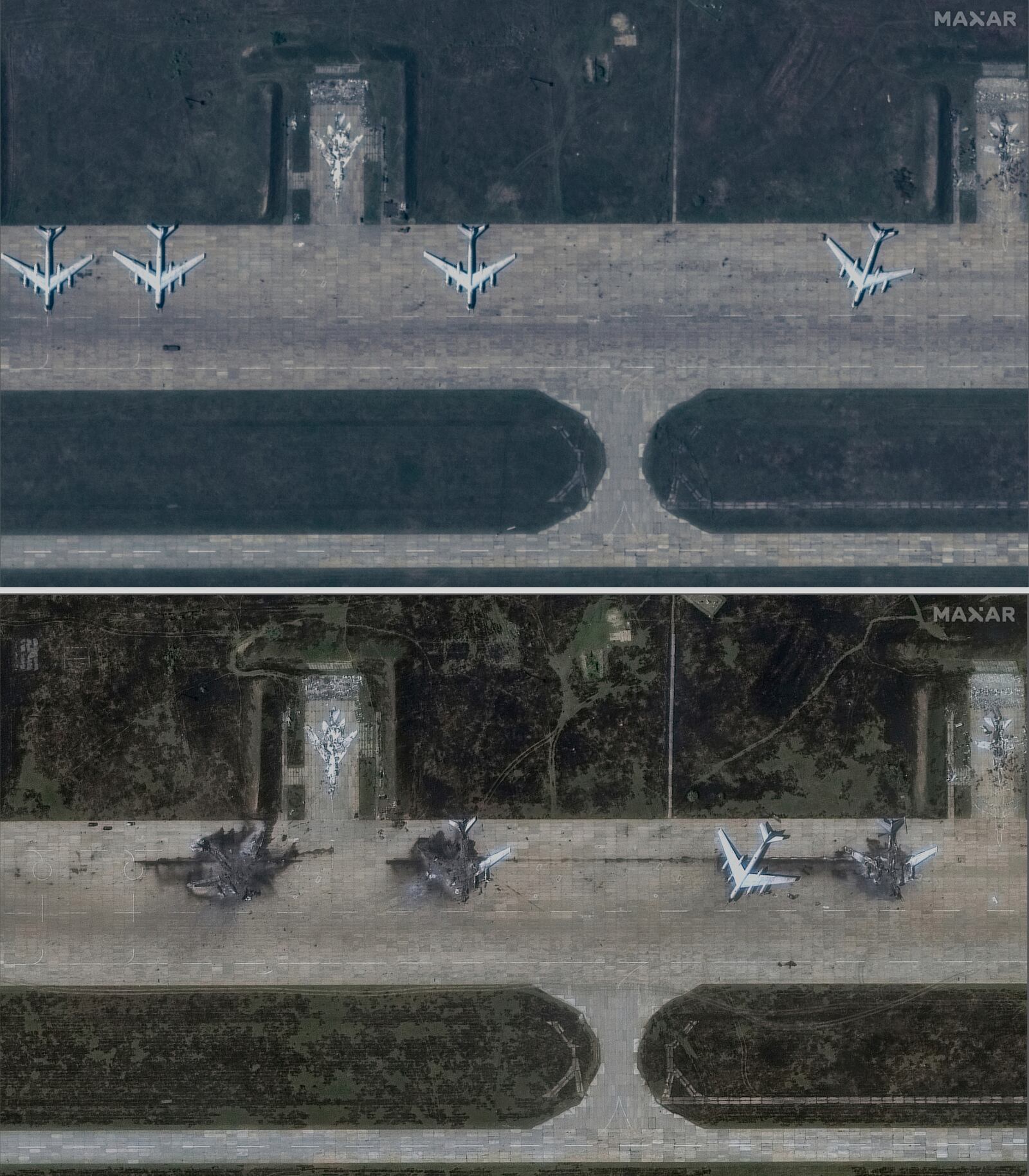 This photo combo from satellite images provided by Maxar Technologies shows from top, the Belaya Air Base before a Ukrainian drone attack in the Irkutsk region of eastern Siberia in Russia captured on May 22, 2025 and damage after a Ukrainian drone attack captured on June 4, 2025. (Maxar Technologies via AP)