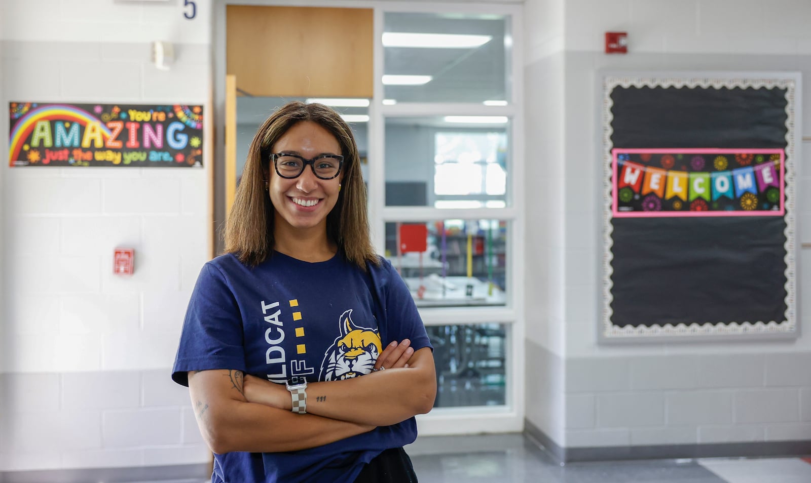 New first grade teacher Jenee’ Jolly poses for a portrait at Lincoln Elementary School on Wednesday, August 6, 2025, in Springfield. She's a recent graduate of Wright State University. JOSEPH COOKE/STAFF