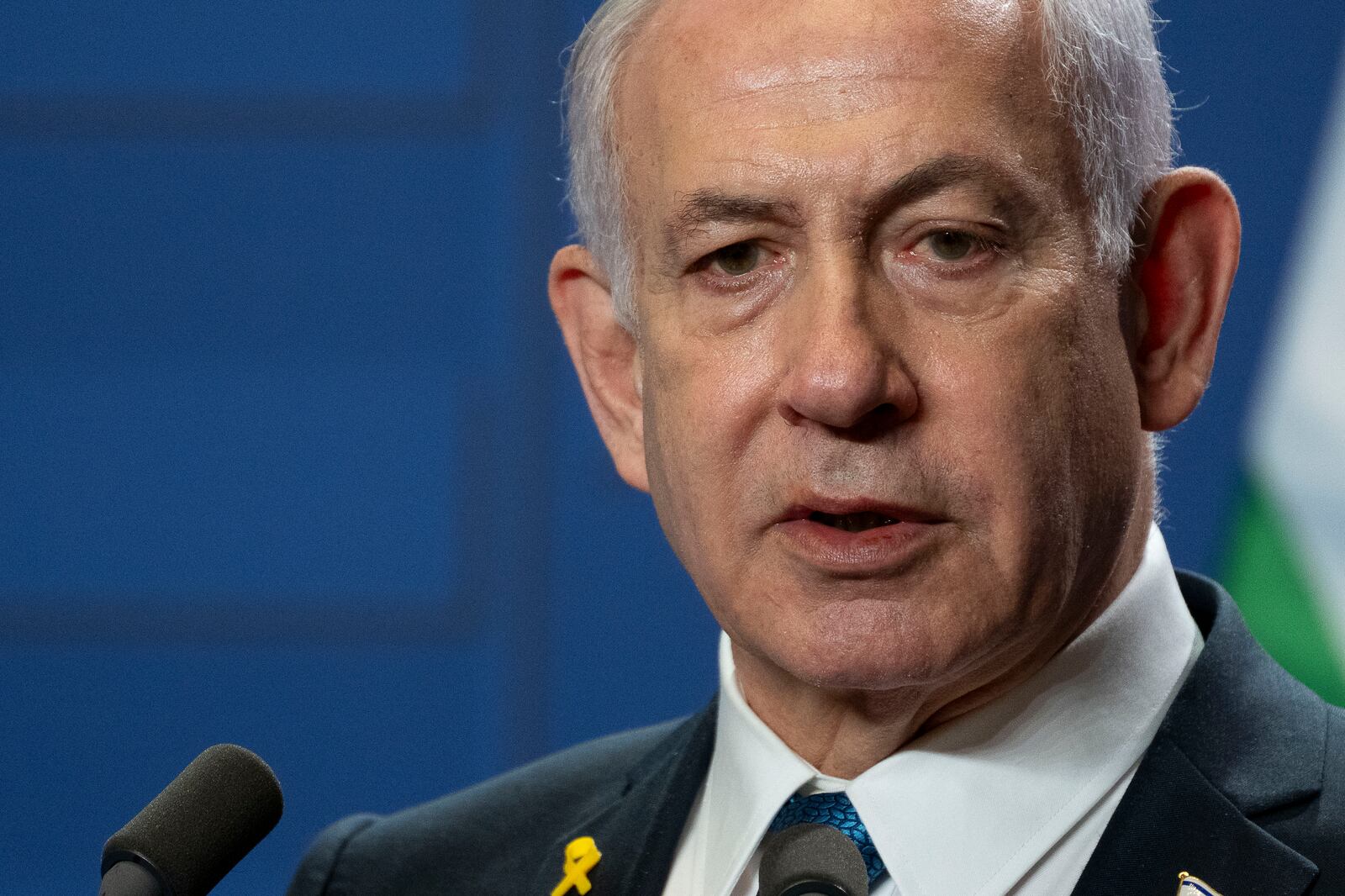 Israeli Prime Minister Benjamin Netanyahu speaks during a press statement at the Carmelite Monastery in the Buda Castle in Budapest, Hungary, Thursday, April 3, 2025. (AP Photo/Denes Erdos)