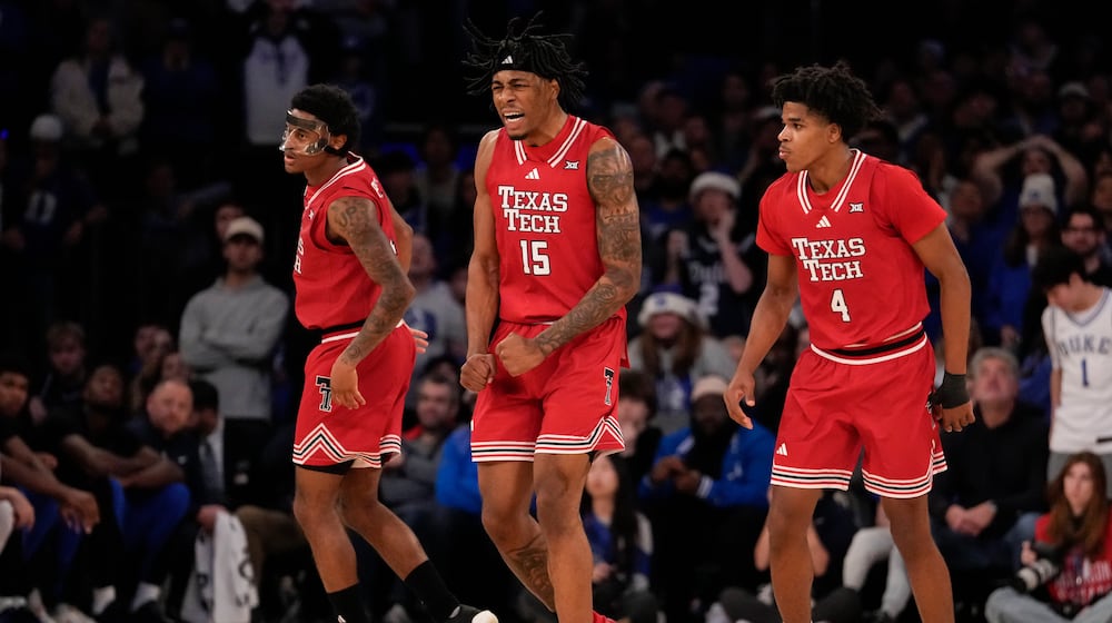 Texas Tech forward JT Toppin (15) reacts during the second half of an NCAA college basketball game against Duke, Saturday, Dec. 20, 2025, in New York. (AP Photo/Yuki Iwamura)