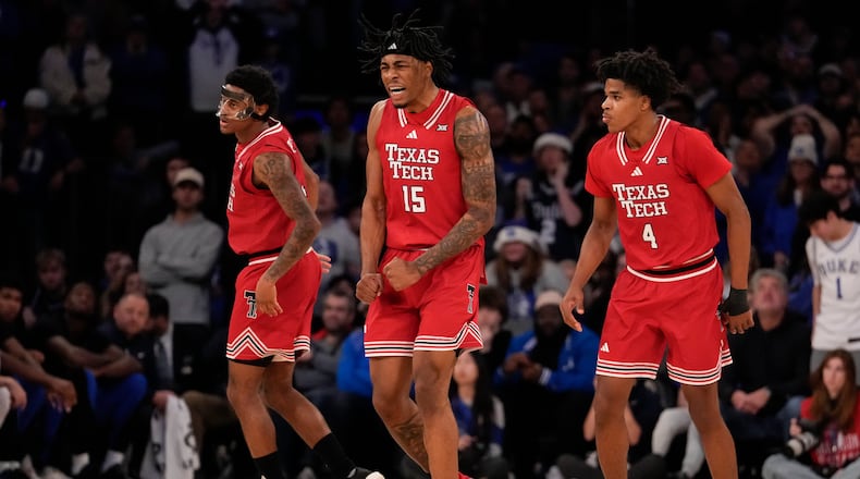 Texas Tech forward JT Toppin (15) reacts during the second half of an NCAA college basketball game against Duke, Saturday, Dec. 20, 2025, in New York. (AP Photo/Yuki Iwamura)
