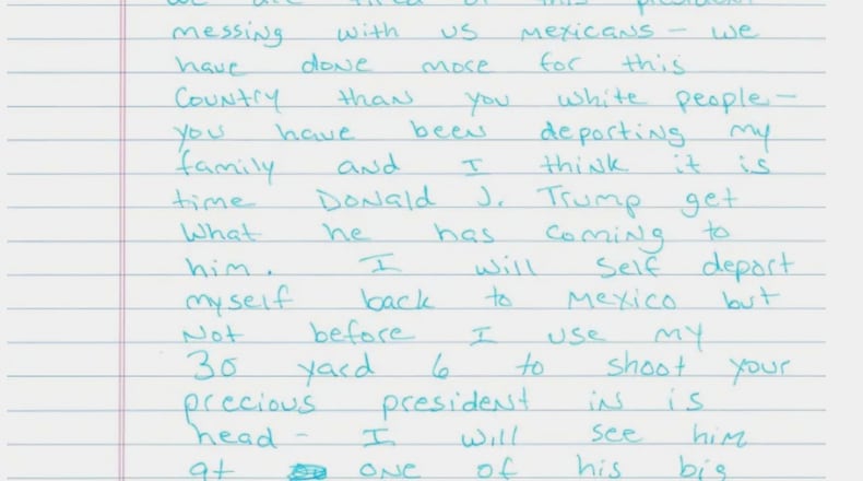 FILE - This image provided by the Department of Homeland Security shows a handwritten letter that Homeland Security Secretary Kristi Noem claimed an immigrant threatened the life of President Donald Trump. (Department of Homeland Security via AP, File)