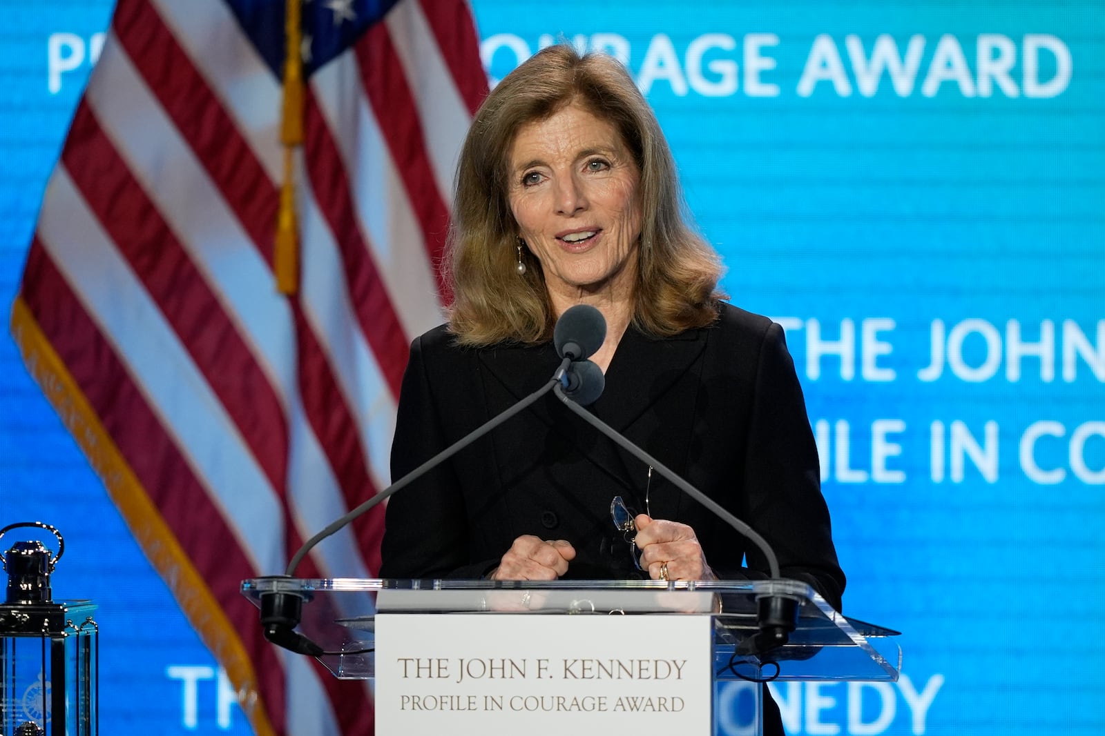 Caroline Kennedy speaks at the John F. Kennedy Profile in Courage Award ceremony at the JFK Library, Sunday, May 4, 2025, in Boston. (AP Photo/Robert F. Bukaty)