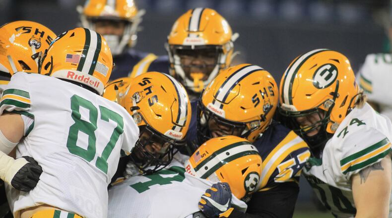Springfield stops St. Edward's Christian Ramos at the 1-yard line in the Division I state championship game on Friday, Dec. 3, 2021, at Tom Benson Hall of Fame Stadium in Canton. David Jablonski/Staff