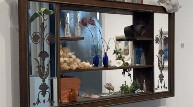 Ashley Jude Jonas, "subject/object, above the couch", Found objects, porcelain, earthenware, tomatillo husks, phototex, cyanotype, chicken and turkey wishbones, fabric, and bottles, 2026. HANNAH KASPER/CONTRIBUTED