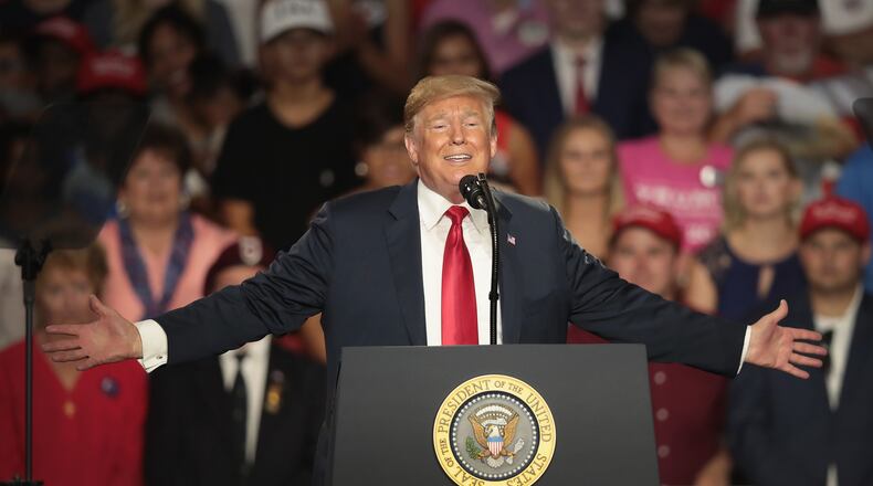 LEWIS CENTER, OH - AUGUST 04: President Donald Trump speaks at a rally to show support for Ohio Republican congressional candidate Troy Balderson on August 4, 2018 in Lewis Center, Ohio. Balderson faces Democratic challenger Danny O'Connor for Ohio's 12th Congressional District on Tuesday. (Photo by Scott Olson/Getty Images)
