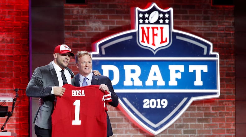 NASHVILLE, TN - APRIL 25: Nick Bosa of Ohio State with NFL commissioner Roger Goodell after being announced as the second pick in the first round of the NFL Draft by the San Francisco 49ers on April 25, 2019 in Nashville, Tennessee. (Photo by Joe Robbins/Getty Images)