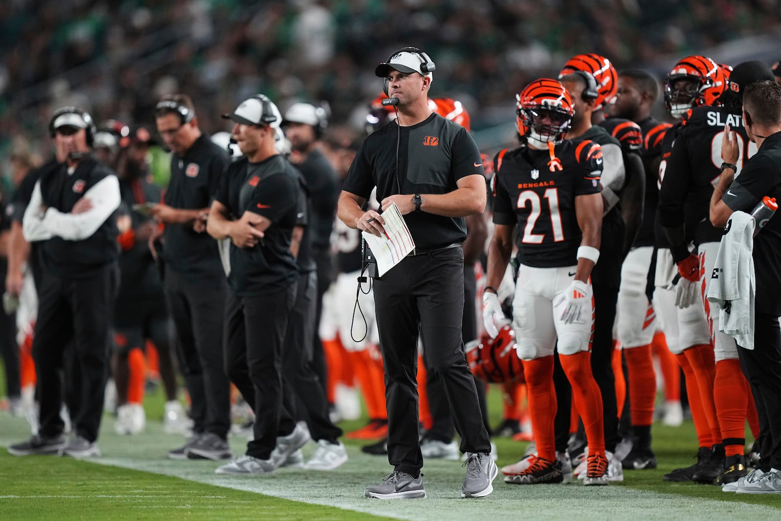 Cincinnati Bengals head coach Zac Taylor watches action during the first half of an NFL preseason football game against the Philadelphia Eagles on Thursday, Aug. 7, 2025, in Philadelphia. (AP Photo/Matt Rourke)
