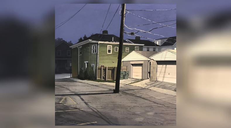 Columbus-based artist Christopher Burk creates meticulously crafted images of the urban areas he lives in, drawing attention to details most of us pass by without notice. Contributed photo of his painting “Green House-Nocturne.”