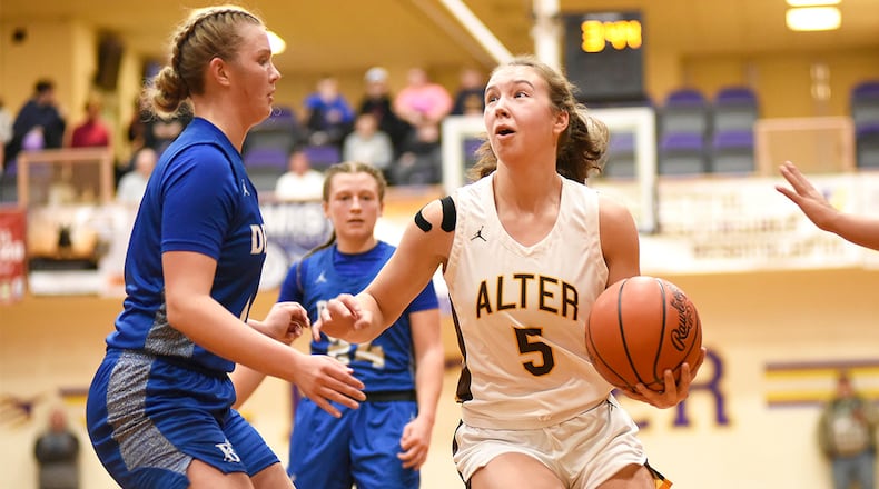 Alter senior Alina Overman attempts a layup in the paint during a D-IV regional semifinal game against Brookville on Tuesday, March 3, 2026 at the Vandalia Butler Student Activity Center. The Knights won 30-24. GEOFF NEVILLE / CONTRIBUTED PHOTO