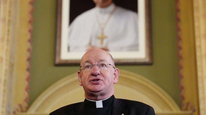 Bishop Richard Moth speaks during a press conference announcing him as the new Archbishop of Westminster, replacing Cardinal Vincent Nichols as the leader of the Catholic Church in England and Wales, in the Throne Room of Archbishop's House, Westminster, London, Friday Dec. 19, 2025. (Jonathan Brady/PA via AP)