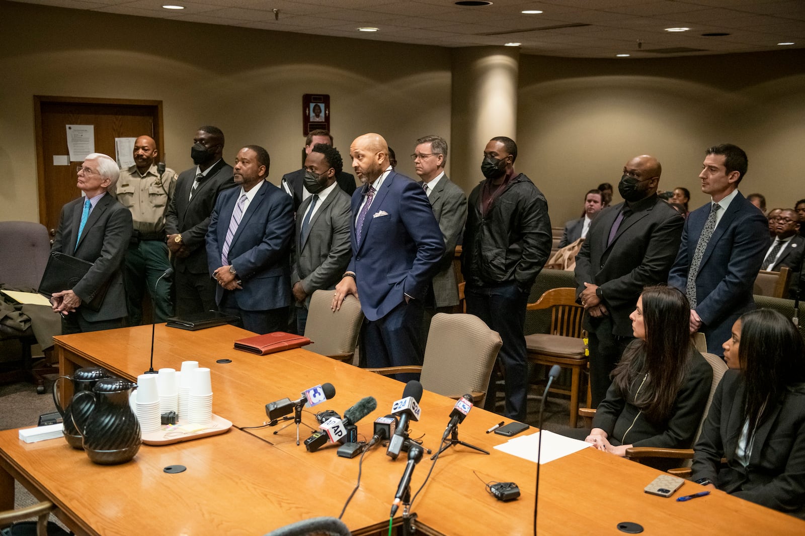 FILE - The former Memphis police officers accused of murder in the death of Tyre Nichols appear with their attorneys at an indictment hearing at the Shelby County Criminal Justice Center on Feb. 17, 2023, in Memphis, Tenn. (AP Photo/Brandon Dill, File)