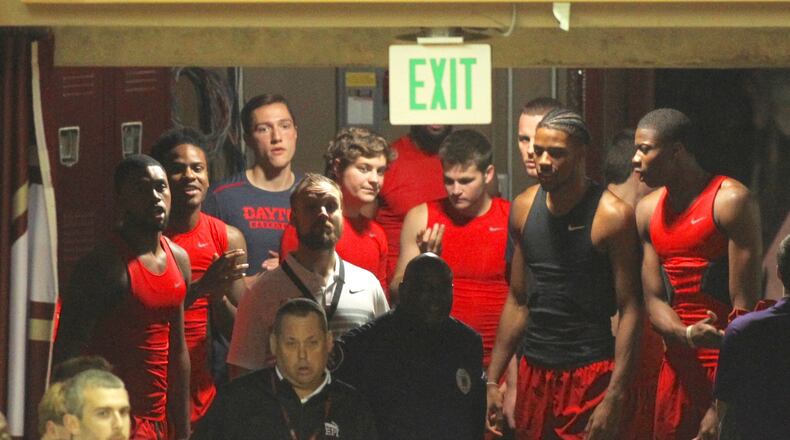Dayton waits to take the court before a game against Hofstra in the Charleston Classic on Nov. 6, 2017, at TD Arena in Charleston, S.C. David Jablonski/Staff