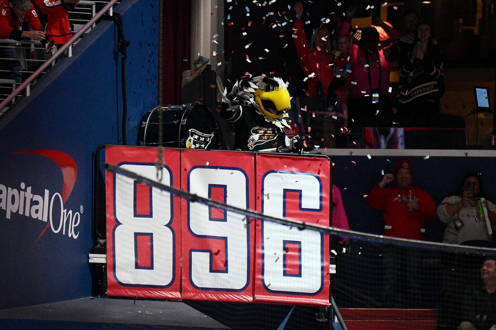 The goal counter reads 896 for total goals by Washington Capitals left wing Alex Ovechkin during the first period of an NHL hockey game against the Columbus Blue Jackets, Sunday, April 13, 2025, in Washington. (AP Photo/Nick Wass)